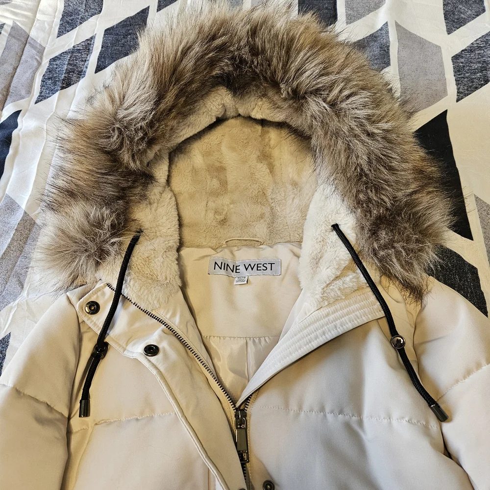 Nine West Light Beige Puffer Coat with Fur Hood - Picture 2 of 7